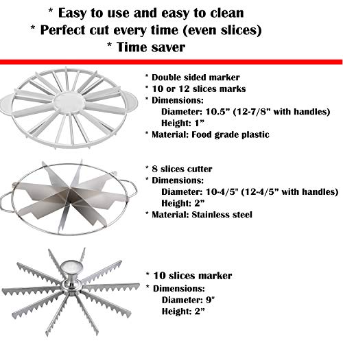 Round Cake Slice & Pie Slicer Marker Set, Winco Stainless Steel Pie Cutter 8 Cut + Plastic Double Sided Cake Marker 10-12 Slice + 10 Cut Aluminum Pie Slicers Marker Bundle