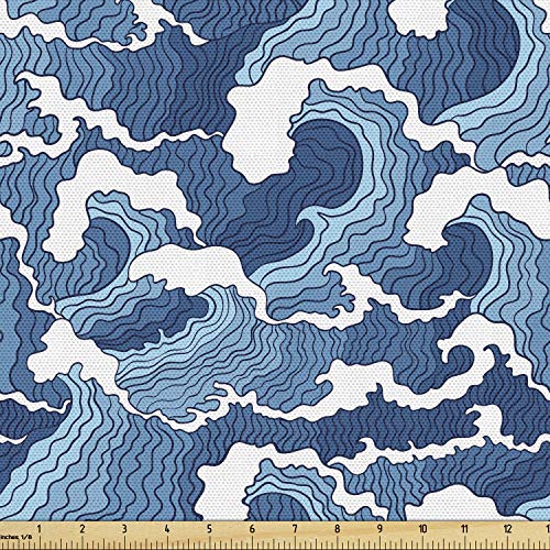 Lunarable Japanese Wave Fabric by The Yard, Stormy Sea with Abstract Chinese Folk Art Influences, Decorative Fabric for Upholstery and Home Accents, 5 Yards Pale Blue