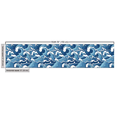 Lunarable Japanese Wave Fabric by The Yard, Stormy Sea with Abstract Chinese Folk Art Influences, Decorative Fabric for Upholstery and Home Accents, 5 Yards Pale Blue