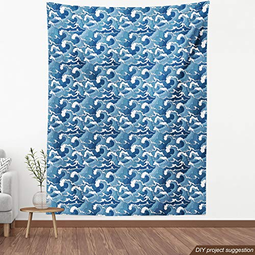 Lunarable Japanese Wave Fabric by The Yard, Stormy Sea with Abstract Chinese Folk Art Influences Illustration, Decorative Fabric for Upholstery and Home Accents, 1 Yard Pale Blue