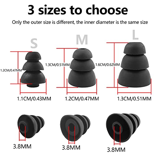 EKIND Triple Flange Replacement Ear Tips, S/M/L Size Triple 3 Flange Noise Isolate Silicone Cushion Ear Bud Tips (Inner Hole 4mm), Fit for Most in Ear Earphone (Black, 6 Pairs)