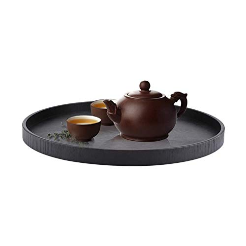 Solid Wood Serving Tray, Round Shape Tea Coffee Snack Food Meals Serving Tray Plate Party Bar Server Breakfast Tray (Black)