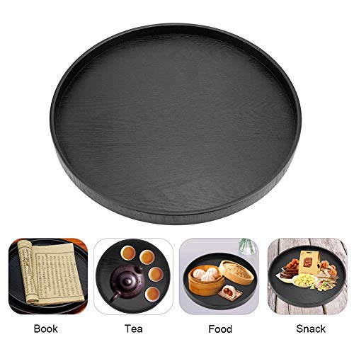 Solid Wood Serving Tray, Round Shape Tea Coffee Snack Food Meals Serving Tray Plate Party Bar Server Breakfast Tray (Black)