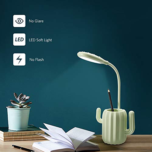 VADIV Desk Lamp, Cute Kids LED USB Rechargeable 3 Level Reading Table Lamp Children Bedside Light with Pencil Holder for Office Home Study - Green