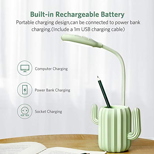 VADIV Desk Lamp, Cute Kids LED USB Rechargeable 3 Level Reading Table Lamp Children Bedside Light with Pencil Holder for Office Home Study - Green