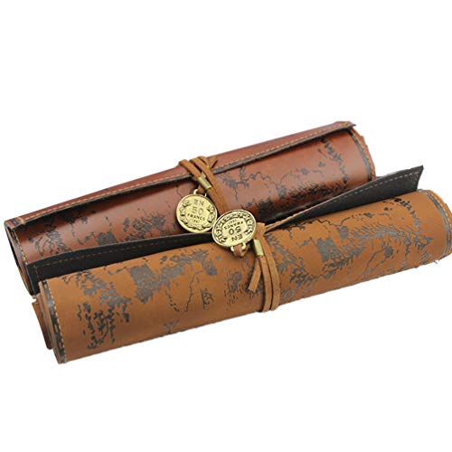 Canvas Leather Pencil Bag Roll,Vintage Treasure Map Pattern Pen Case Holder Organizer,Soft Wrap Bag Stationery Makeup Pouch Roll Up Style (Brown)