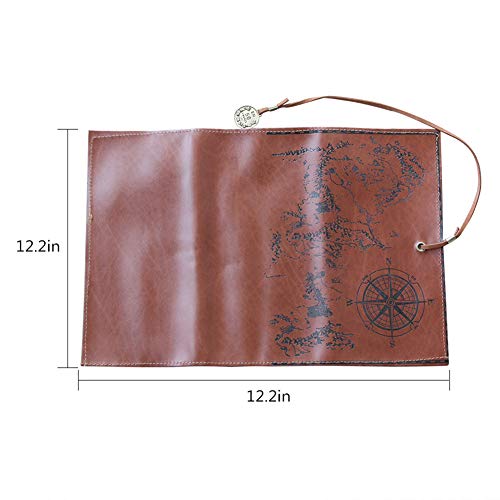 Canvas Leather Pencil Bag Roll,Vintage Treasure Map Pattern Pen Case Holder Organizer,Soft Wrap Bag Stationery Makeup Pouch Roll Up Style (Brown)