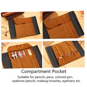 Canvas Leather Pencil Bag Roll,Vintage Treasure Map Pattern Pen Case Holder Organizer,Soft Wrap Bag Stationery Makeup Pouch Roll Up Style (Brown)