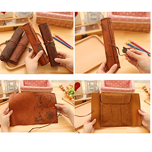 Canvas Leather Pencil Bag Roll,Vintage Treasure Map Pattern Pen Case Holder Organizer,Soft Wrap Bag Stationery Makeup Pouch Roll Up Style (Brown)