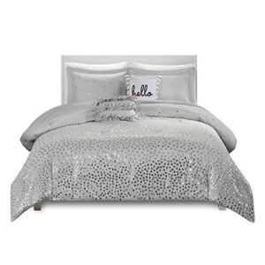 Intelligent Design Zoey Triangle Metallic Print, Cozy Comforter Set All Season Bedding Set, Matching Sham, Decorative Pillow, King/Cal King, Grey/Silver 5 Piece
