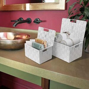 Sorbus Storage Box Woven Basket Bin Container Tote Cube Organizer Set Stackable Storage Basket Woven Strap Shelf Organizer Built-In Carry Handles (Lid Bins - 3 Pack, White)