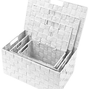 Sorbus Storage Box Woven Basket Bin Container Tote Cube Organizer Set Stackable Storage Basket Woven Strap Shelf Organizer Built-In Carry Handles (Lid Bins - 3 Pack, White)