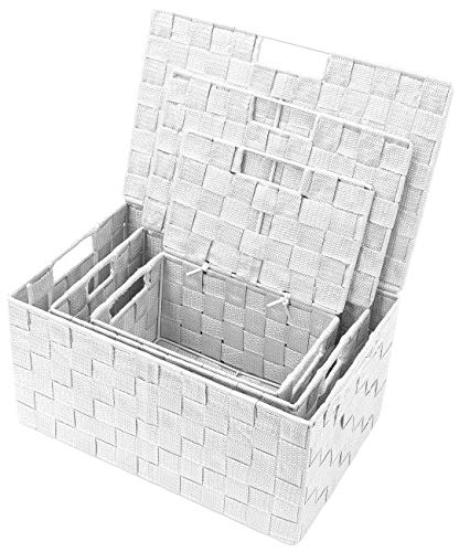 Sorbus Storage Box Woven Basket Bin Container Tote Cube Organizer Set Stackable Storage Basket Woven Strap Shelf Organizer Built-In Carry Handles (Lid Bins - 3 Pack, White)