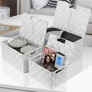 Sorbus Storage Box Woven Basket Bin Container Tote Cube Organizer Set Stackable Storage Basket Woven Strap Shelf Organizer Built-In Carry Handles (Lid Bins - 3 Pack, White)