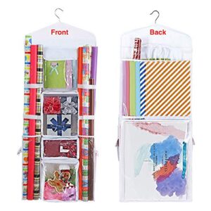propik hanging double sided wrapping paper storage organizer with multiple front and back pockets organize your gift wrap & gift bags bows ribbons 40”x17 fits 40 inch rolls (white)