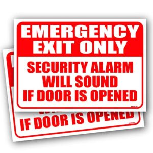 (2 pack) emergency exit only alarm will sound sign 10"x7" 4mil uv laminated emergency exit only door sign self adhesive sticker decal