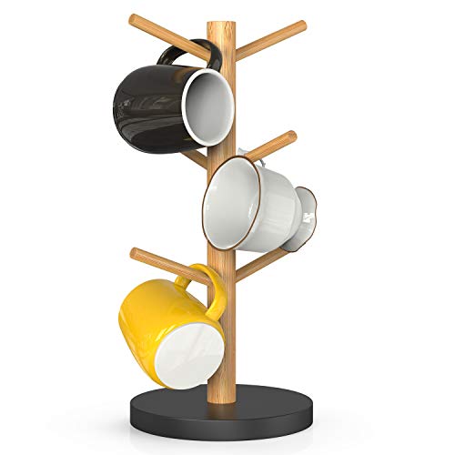 Wisuce Bamboo Mug Rack, Coffee Mug Tree, Coffee Cup Holder, Coffee Bar Accessories with 6 Hooks