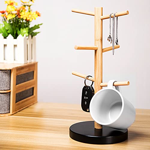 Wisuce Bamboo Mug Rack, Coffee Mug Tree, Coffee Cup Holder, Coffee Bar Accessories with 6 Hooks