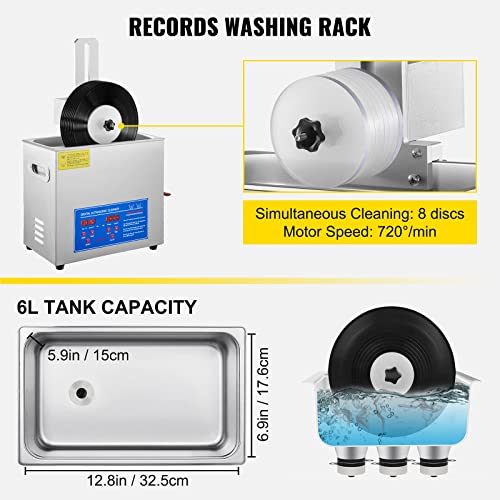 Happybuy Ultrasonic Cleaner 6L Ultrasonic Vinyl Cleaner 7-12 Inch 8 Records Ultrasonic Vinyl Cleaning Machine 180W Ultrasonic Records Cleaner with Drying Rack for Home Store