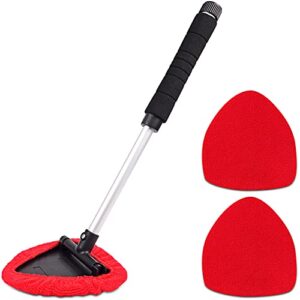 windshield window cleaner tool, unbreakable extendable long-reach handle, unique pivoting triangular head, 3 washable reusable microfiber bonnets, car & home inside interior exterior use - lint free