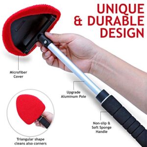 Windshield Window Cleaner Tool, Unbreakable Extendable Long-Reach Handle, Unique Pivoting Triangular Head, 3 Washable Reusable Microfiber Bonnets, Car & Home Inside Interior Exterior Use - Lint Free