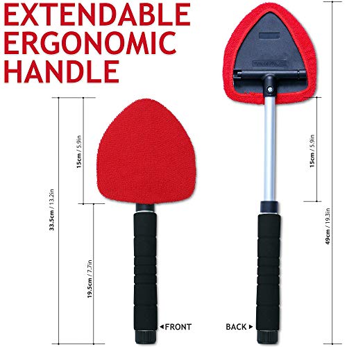 Windshield Window Cleaner Tool, Unbreakable Extendable Long-Reach Handle, Unique Pivoting Triangular Head, 3 Washable Reusable Microfiber Bonnets, Car & Home Inside Interior Exterior Use - Lint Free