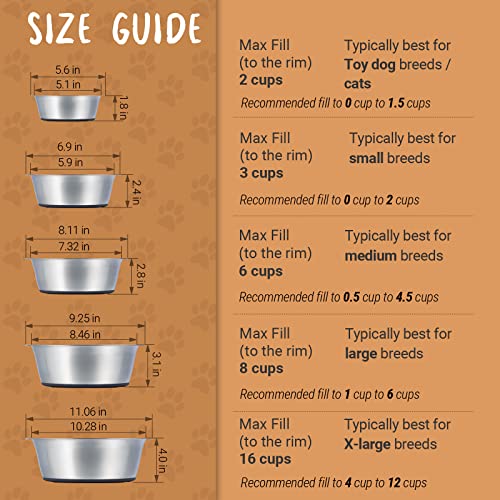 PEGGY11 Deep Stainless Steel Anti-Slip Dog Bowls, Set of 2, Each Holds Up to 3 Cups