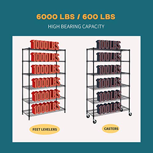 BestMassage Wire Shelving Unit Heavy Duty Garage Storage Shelves Large Metal Shelf Organizer 6-Tier Height Adjustable Commercial Grade Utility Steel Storage Rack with Wheels,18 x 48 x 72 (Black)