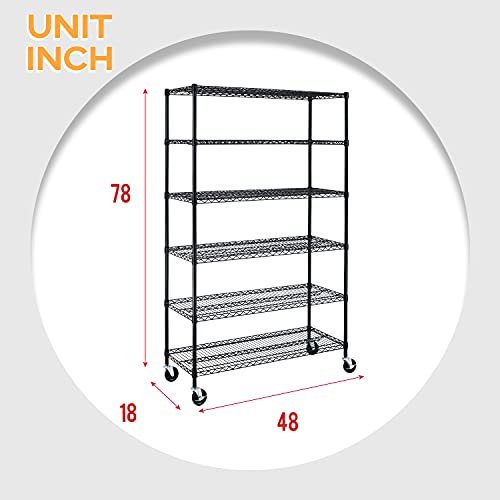 BestMassage Wire Shelving Unit Heavy Duty Garage Storage Shelves Large Metal Shelf Organizer 6-Tier Height Adjustable Commercial Grade Utility Steel Storage Rack with Wheels,18 x 48 x 72 (Black)