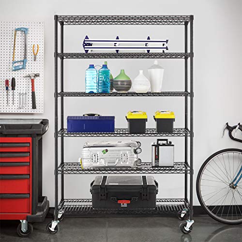 BestMassage Wire Shelving Unit Heavy Duty Garage Storage Shelves Large Metal Shelf Organizer 6-Tier Height Adjustable Commercial Grade Utility Steel Storage Rack with Wheels,18 x 48 x 72 (Black)