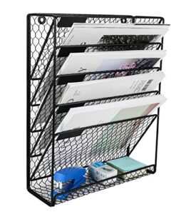 pag hanging wall file holder mail organizer metal chicken wire wall mounted literature rack, 6 tier, black