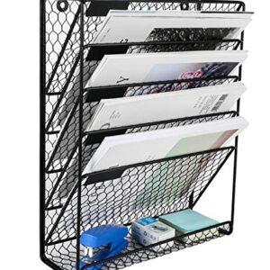 PAG Hanging Wall File Holder Mail Organizer Metal Chicken Wire Wall Mounted Literature Rack, 6 Tier, Black