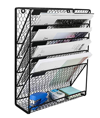 PAG Hanging Wall File Holder Mail Organizer Metal Chicken Wire Wall Mounted Literature Rack, 6 Tier, Black