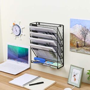 PAG Hanging Wall File Holder Mail Organizer Metal Chicken Wire Wall Mounted Literature Rack, 6 Tier, Black