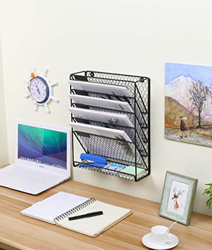 PAG Hanging Wall File Holder Mail Organizer Metal Chicken Wire Wall Mounted Literature Rack, 6 Tier, Black