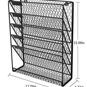 PAG Hanging Wall File Holder Mail Organizer Metal Chicken Wire Wall Mounted Literature Rack, 6 Tier, Black