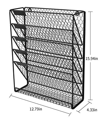 PAG Hanging Wall File Holder Mail Organizer Metal Chicken Wire Wall Mounted Literature Rack, 6 Tier, Black