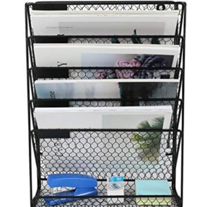 PAG Hanging Wall File Holder Mail Organizer Metal Chicken Wire Wall Mounted Literature Rack, 6 Tier, Black