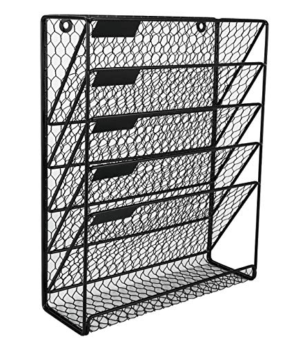 PAG Hanging Wall File Holder Mail Organizer Metal Chicken Wire Wall Mounted Literature Rack, 6 Tier, Black