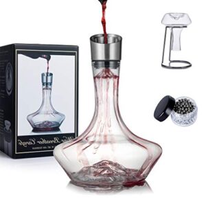 youyah iceberg wine decanter set with aerator filter,drying stand and cleaning beads,red wine carafe,wine aerator,wine gift,100% hand blown lead-free crystal glass (1400ml)