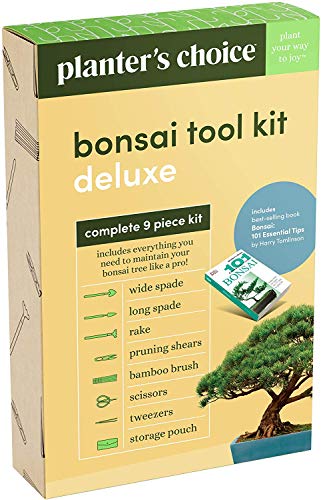 Planters' Choice Premium Bonsai Tool Kit + Bonsai 101 Book -Set Includes:Wooden Rake, Long & Wide Spades, Scissors, Tweezers, Bamboo Brush, & Pruning Shears (Trimmer/Clipper) in Fabric Storage Holder