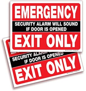isyfix emergency exit only stickers – 2 pack 10x7 inch – premium self-adhesive vinyl, laminated uv, weather, scratch, water & fade resistance, security alarm will sound if door is opened sign