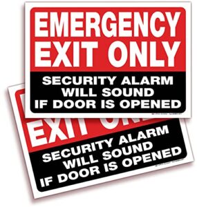 isyfix emergency exit only stickers – 2 pack 10x7 inch – premium self-adhesive vinyl, laminated uv, weather, scratch, water & fade resistance, security alarm will sound if door is opened signs