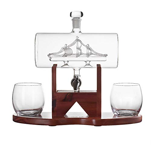 Whiskey Decanter Set, Liquor Dispenser for Home Bar, Crystal Glass - 1250ml Ship & 2 Whiskey Glasses Beautiful Stand Fathers Day, Gift for Dad, Husband or Boyfriend - The Wine Savant 100% Lead-Free