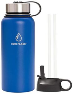 insulated water bottle with flip top & wide mouth lids, 2 bpa-free straws - 32-40oz, stainless steel, double wall, vacuum insulated for no leaks - keeps liquid hotter & colder longer - blue 32oz