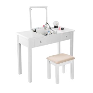 aodailihb vanity table with flip top mirror makeup dressing table writing desk with cushioning makeup stool set, 2 drawers 3 removable organizers easy assembly (white)