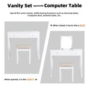 AODAILIHB Vanity Table with Flip Top Mirror Makeup Dressing Table Writing Desk with Cushioning Makeup Stool Set, 2 Drawers 3 Removable Organizers Easy Assembly (White)