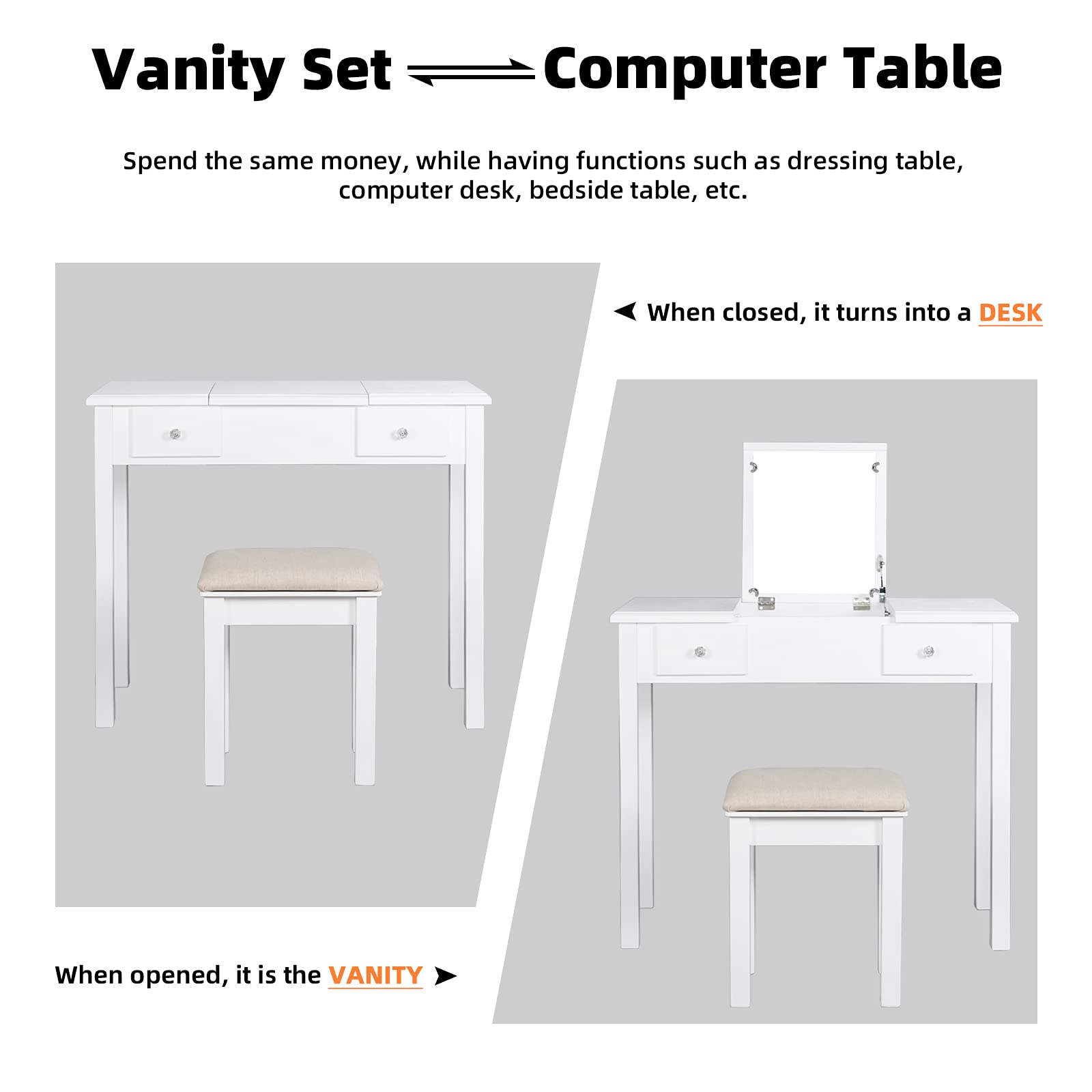 AODAILIHB Vanity Table with Flip Top Mirror Makeup Dressing Table Writing Desk with Cushioning Makeup Stool Set, 2 Drawers 3 Removable Organizers Easy Assembly (White)