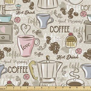 ambesonne modern fabric by the yard, coffee time vintage espresso machine cupcakes beans design, decorative fabric for upholstery and home accents, 1 yard, pink beige