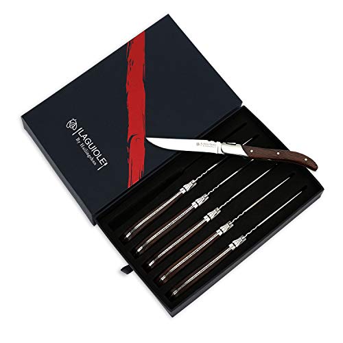 Steak Knives Set of 6, Hailingshan Stainless Steel Straight Blade Premium Gift Boxed Dishwasher Safe Polished Sharp Table Dinner Cutlery Flatware Laguiole Steak Knives 22cm 6 Pieces-Wenge Wood Handle